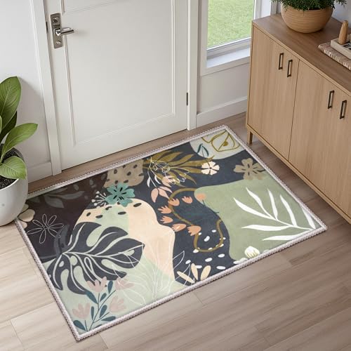 Joiedomi Door Mat Indoor Entrance 2x3 Machine Washable Art Floral Small Rugs for Entryway Non-Slip Rubber Backing Bath Mat Soft Area Rug Stain Resistant Waterproof Carpet for Bathroom (Olive-Green) - color: 03 - Olive Green, size: 2'x3'