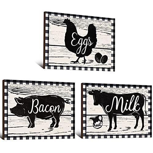Jetec 3 Pieces Wooden Farmhouse Wall Decor Cow Pig Chicken Kitchen Signs Rustic Black and White Buffalo Plaid Wall Art Farm Animal Plaque for Kitchen Home Decor, 7.9 x 5.9 Inch - size: 7.9 x 5.9 Inch