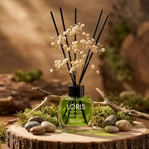 Loris Patchouli & Bergamot Reed Diffuser Set with Dried Flowers | Reed Diffusers for Home with Sticks | Bathroom Diffuser & Room Scent | Long-Lasting Home Fragrance | 120 mL / 4.06 fl oz - color: Patchouli & Bergamot