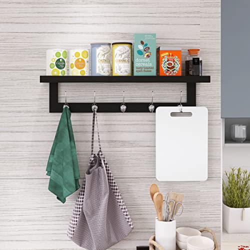 SMIBUY Coat Hooks with Shelf Wall-Mounted, 29.2 Inch Entryway Coat Rack for Wall, Bamboo Hanging Shelf with 5 Double Metal Hooks for Bathroom, Bedroom, Kitchen, Living Room, Mudroom (Black+Silver) - color: Black+Silver