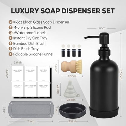 Kitchen Soap Dispenser Set with Instant Dry Tray,16 Oz Hand and Dish Soap Black Glass Dispenser Set,Stainless Steel Pump,Waterproof Labels&Dish Brush,Luxury Soap Bottle for Kitchen,Bathroom - color: Black Bottle+black Pump