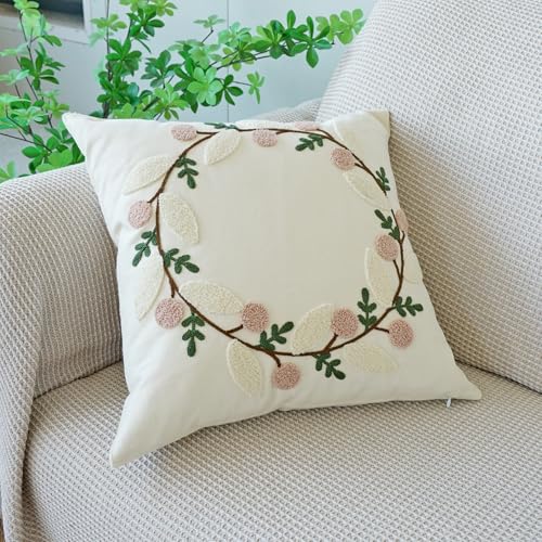 vctops Floral Embroidered Pillow Covers 18x18 Inch Spring Summer Cotton Tufted Throw Pillow Cover Outdoor Garden Cushion Case for Sofa, Bed, Living Room (Flower B,18"x18") - color: Flower B