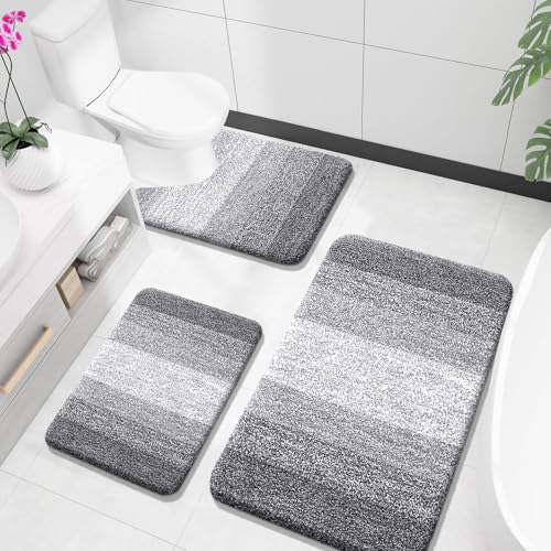 OLANLY Microfiber Bathroom Rugs Sets 3 Piece, 36"x24"+24"x16"+24"x20" | Grey, Soft Absorbent Bath Mats and U-Shaped Contour Toilet Rug, Plush Shaggy Bath Mat Set for Bathroom - color: Grey, size: 36" X 24" + 24" X 16" + U24" X 20"