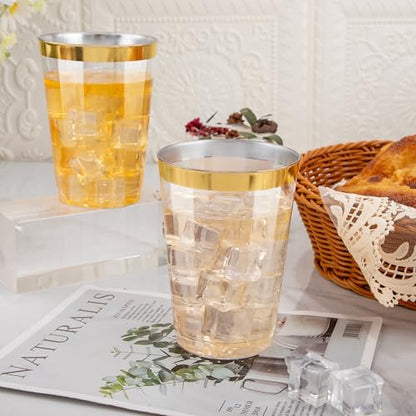 I00000 200 Pack 12 oz Gold Plastic Cups, Premium Gold Rimmed Plastic Cups | Heavy Duty, BPA-Free, Bulk Catering, Everyday Use, Wine Glasses, Cocktail Glasses, Gold Cups Perfect for Party & Wedding - color: 12-Gold-200