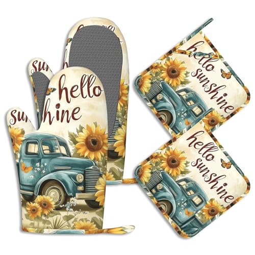 Oven Mitts and Pot Holders Sets Sunflower Truck Butterfly Silicone Kitchen Mits Potholders Hello Sunshine Heat Resistant 4Pcs Oven Gloves Hot Pads for Baking Cooking BBQ Grilling Home Decor - color: Sunflower Truck Butterfly,hello Sunshine