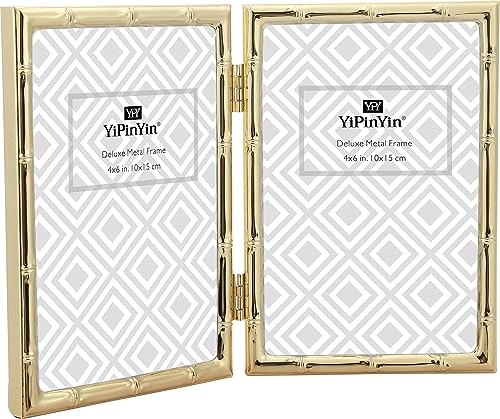 YiPinYin 4x6'' Bamboo Detail Double Photo Frames, Gold Metal Picture 6x4'' Double, Elegant Gold Thin Edge Photo Frames 4 x 6'' With Soft Touch Velvet Backing and Real Glass for Desktop - color: Gold, size: 4x6Inch Double