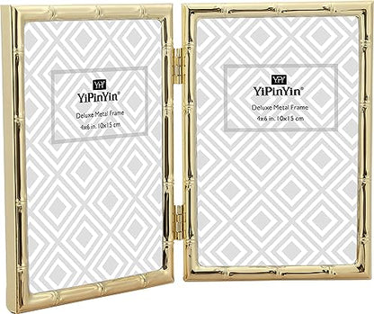 YiPinYin 4x6'' Bamboo Detail Double Photo Frames, Gold Metal Picture 6x4'' Double, Elegant Gold Thin Edge Photo Frames 4 x 6'' With Soft Touch Velvet Backing and Real Glass for Desktop - color: Gold, size: 4x6Inch Double