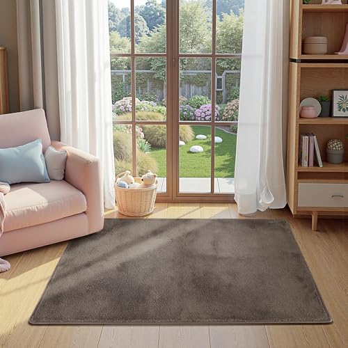 jinchan 3x5 Solid Plush Area Rug Shaggy Washable Entryway Rug, Brown | Soft, Cozy, Non-Slip, Faux Wool, Performance Rug, Floor Carpet, Bedroom, Kids Room, Bathroom, Kitchen, Nursery, Living Room - color: Solid Brown, size: 3' x 5' (Rectangular)