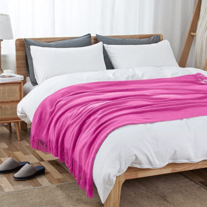 Vonty Hot Pink Knitted Blanket with Tassels Fringe 60" x 80", Super Soft Knit Throw Blanket, Farmhouse Decorative Lightweight Blanket for Couch, Sofa, Bed | Super Soft And Lightweight, Year-Round Cozy Warmth, Farmhouse Decorative Style, Machine Washable,