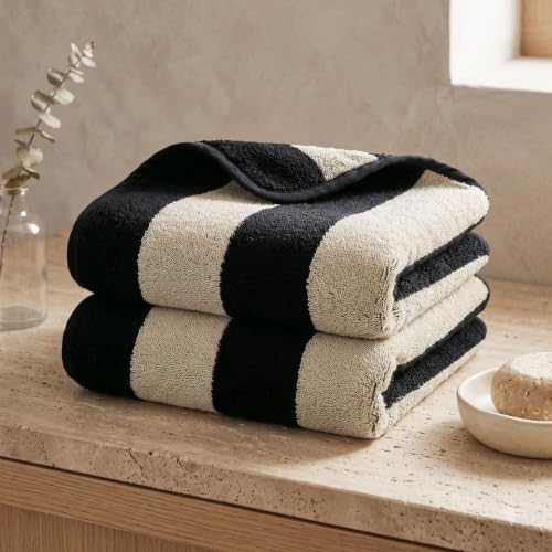 2-Piece Hand Towels for Bathroom Kitchen Decor - Black & Cream Stripe | Hand Towel, Cotton Soft for Spa Gym Travel, 13 x 29