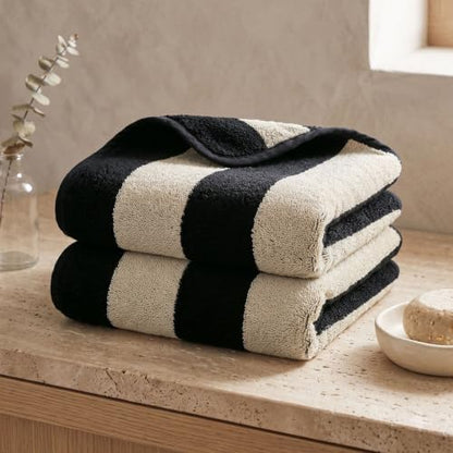 2-Piece Hand Towels for Bathroom Kitchen Decor - Black & Cream Stripe | Hand Towel, Cotton Soft for Spa Gym Travel, 13 x 29