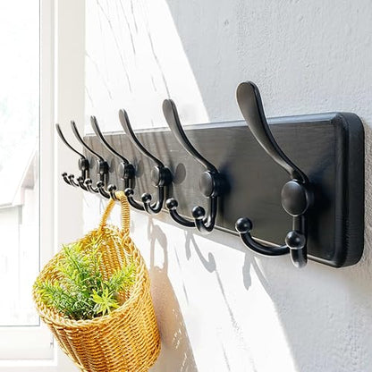 Coat Rack Wall Mounted - 24" Long 6 Tri Hooks, Heavy Duty Wooden Wall Coat Hanger Coat Hook for Clothes Hat Jacket Clothing, Black - color: Black, size: L=24"
