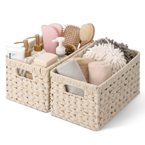 GRANNY SAYS White Wicker Baskets for Storage, Wicker Storage Baskets,2-Pack | Waterproof Storage Baskets for Organizing, Plastic Wicker Basket for Shelf, Living Room, Pantry, Entryway, Woven Baskets - color: Butter Milk, size: 13"L x 8¼"W x 7"H