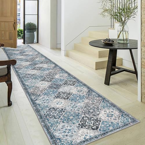 KILOCOCO 2.6x18 Washable Runner Rug, Non Slip Area Rug for Hallway Kitchen | Soft Moroccan Trellis Spill & Stain Resistant Low Pile Carpet for Entryway Office Laundry Bedroom, Easy Clean - color: Blue/Multi, size: 2'7" x 18' (Runner)