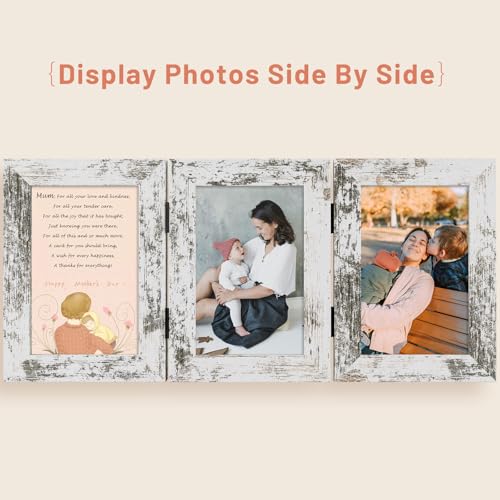 Golden State Art, 4x6 Triple Frame Distressed White- Real Glass, 1 Pack | Trifold Photo Frame Vertical Display for Desktop - Three Folding Picture Collage - color: Weathered White, size: 4x6(1 Pack)