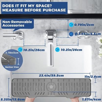 24" Splash Guard Plus Size Silicone Sink Faucet Drying Mat Handle Drip Catcher Tray Dish Sponge Holder Kitchen Accessories Protector Home Organization Gadgets Organizer - size: Grey: 23.4"x5.7"