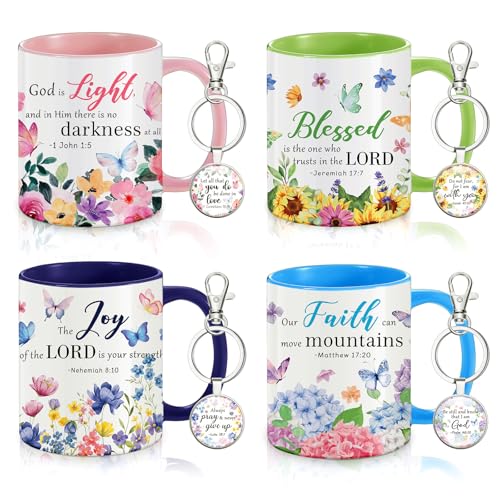 Ziliny 4 Sets Christian Gifts for Women, 11oz Floral Coffee Mugs with Bible Verse Keychains,Mother's Day Christian Tea Cup Set, Inspirational Watercolor Flower Appreciation Gift