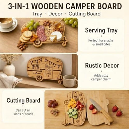 Foldable RV Charcuterie Boards Gift Set for Serving with Utensils | Happy Camper Bamboo Cutting Board, House Warming Gifts New Home, Wedding, Birthday & Bridal Shower Gifts for Women Couples - size: 11.7''L x 7.9''W