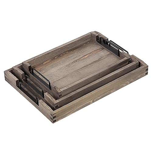 Country Rustic Torched Wood Nesting Breakfast Serving Trays with Handles, Set of 3 (Dark Grey) - color: Dark Grey