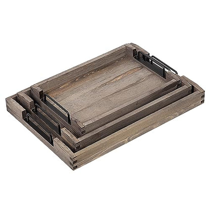 Country Rustic Torched Wood Nesting Breakfast Serving Trays with Handles, Set of 3 (Dark Grey) - color: Dark Grey