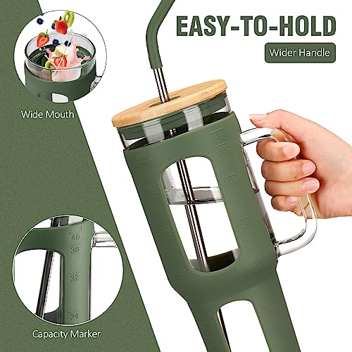 WINSA Glass Tumbler with Lid and Straw, 46 oz, Olive | Iced Coffee Cup with Handle, Large Water Bottle with Silicone Sleeve, Pearl Straw & Drinking Straw, BPA Free - color: Olive, size: 46 Ounces