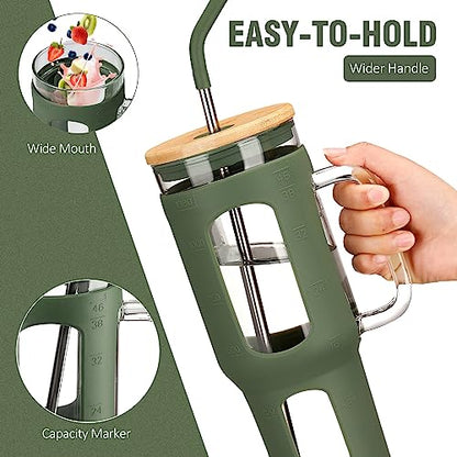 WINSA Glass Tumbler with Lid and Straw, 46 oz, Olive | Iced Coffee Cup with Handle, Large Water Bottle with Silicone Sleeve, Pearl Straw & Drinking Straw, BPA Free - color: Olive, size: 46 Ounces