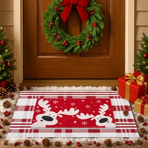 2-Piece Christmas Door Mat Combo Set - Reindeer Coir Doormat 17"x30" + Red & White Plaid Rug 28"x43", Layered Front Door Decor for Porch/Entryway, Natural Coir with PVC Backing - color: Red White Plaid + Reindeer
