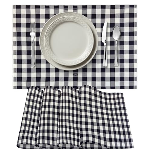 Premium Gingham Check Cloth Placemats by Carlo Lamperti Italy (Set of 4) 100% Cotton Carbon Grey Plaid Place Mats, 20x14 Jacquard Woven Cloth Stain Release Fabric for Dining Table, Machine Wash - color: Carbon