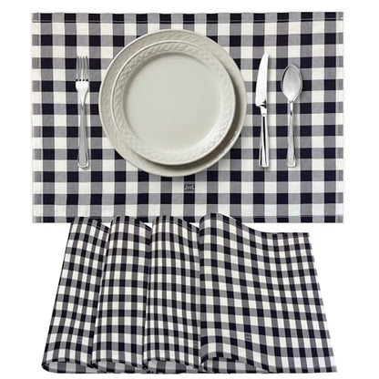 Premium Gingham Check Cloth Placemats by Carlo Lamperti Italy (Set of 4) 100% Cotton Carbon Grey Plaid Place Mats, 20x14 Jacquard Woven Cloth Stain Release Fabric for Dining Table, Machine Wash - color: Carbon