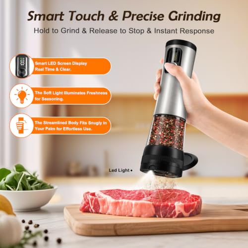 Flelano Electric Salt & Pepper Grinder Set, 2-Speed Setting, Stainless Steel Rechargeable Automatic Pepper Mill Shakers, Charging Base 100ml Capacity External Adjustable Coarseness LED Light,Black - color: Black