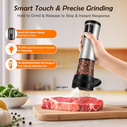 Flelano Electric Salt & Pepper Grinder Set, 2-Speed Setting, Stainless Steel Rechargeable Automatic Pepper Mill Shakers, Charging Base 100ml Capacity External Adjustable Coarseness LED Light,Black - color: Black