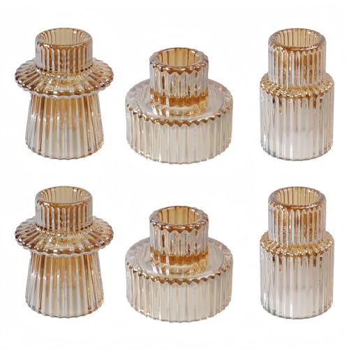 Glass Candlestick Holders, Taper Candle Holders, Set of 6, Gold | Double-sided ribbed glass taper candle holders for wedding centerpieces, parties, Christmas, Thanksgiving, and home decor - color: Gold, size: 6 PCS