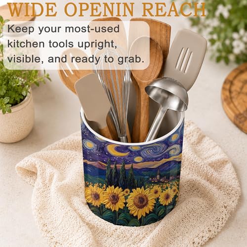 Starry Night Kitchen Utensil Holder,Sunflower Field Ceramic Utensil Crock for Countertop,Cooking Tools Storage jar for Spatulas and Spoons,Housewarming Gifts 6.3" - color: Starry Night Sunflower Field