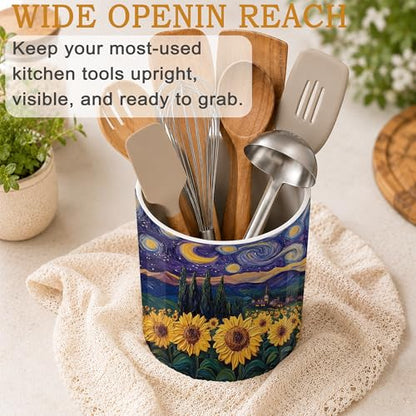 Starry Night Kitchen Utensil Holder,Sunflower Field Ceramic Utensil Crock for Countertop,Cooking Tools Storage jar for Spatulas and Spoons,Housewarming Gifts 6.3" - color: Starry Night Sunflower Field