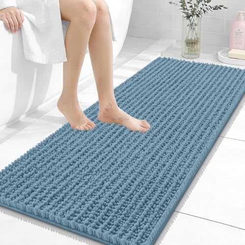 OLANLY Bathroom Runner Rugs 47x20, Thick Soft Absorbent Chenille Bath Rugs | Airy Blue, Quick-Drying Rubber Backing, Long Shaggy Bath Mat, Washable for Floor, Tub and Shower, Home Decor Accessories - color: Airy Blue, size: 47" x 20"