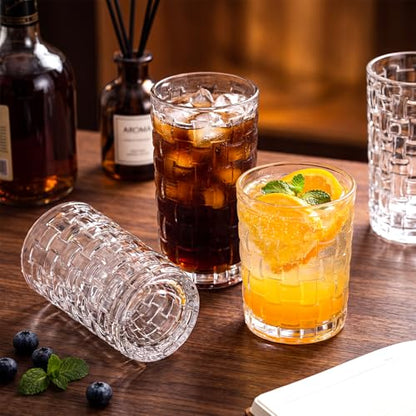 QAPPDA Embossed Drinking Glasses 12 Pack, 11oz & 8oz Old Fashioned Glass | Vintage Kitchen Bar Tumbler Glassware Set for Whiskey, Beer, Juice, Milk and Various Mixed Drinks