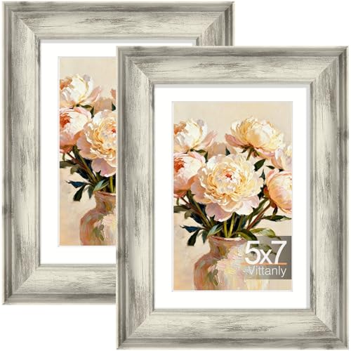Vittanly 5x7 Picture Frames, Vintage Photo Frames, Distressed White, 2 Pack | Display 4x6 Pictures with Mat or 5x7 without Mat, Rustic Frames with Plexiglass, Farmhouse Home Decor for Wall or Tabletop - color: Distressed White, size: 5x7