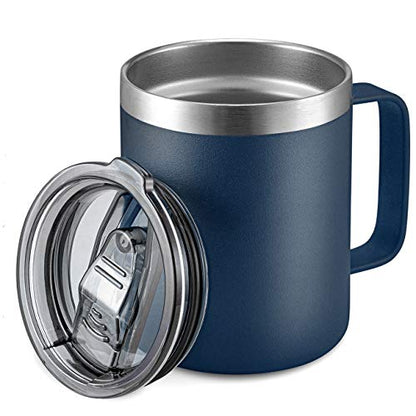 12 oz Insulated Travel Coffee Mug with Handle, Navy | Stainless Steel Coffee Tumbler with Lid, Double Wall Vacuum Thermal Cup for Camping - color: Sliding Lid: Navy, size: 1 Count (Pack of 1)