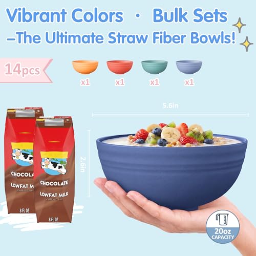 Quatish 14 PCS Cereal Bowls，Plastic bowls,Wheat Straw Soup Bowl,Blue | Unbreakable,Dishwasher & Microwave Safe, Easy-to-Clean,Lightweight,Portable,for Camping Salad Kitchen & Picnics,Snack,Small - color: Blue
