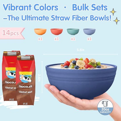 Quatish 14 PCS Cereal Bowls，Plastic bowls,Wheat Straw Soup Bowl,Blue | Unbreakable,Dishwasher & Microwave Safe, Easy-to-Clean,Lightweight,Portable,for Camping Salad Kitchen & Picnics,Snack,Small - color: Blue