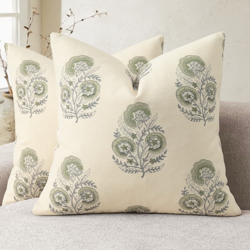 YCOLL Vintage Floral Print Pillow Covers 16x16 Set of 2 Patterned Accent Decorative Cushion Covers Modern Farmhouse Throw Pillow Covers for Sofa Couch Chair Bed Living Room Home Decor, Sage Green - color: Sage Green, size: 16" x 16" (Pack of 2)