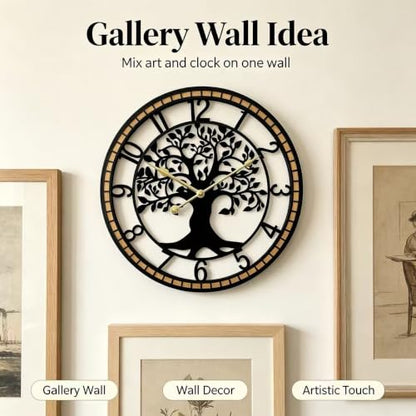 Large Wall Clock for Living Room Decor 22 Inch Tree of Life Metal Wall Art, Non-Ticking Battery Operated Metal Black with Solid Wood Frame for Office/Bedroom/Kitchen/Dining Room Decoration - size: B 22 Inch
