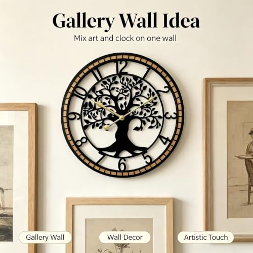 Large Wall Clock for Living Room Decor 24 Inch Tree of Life Metal Wall Art, Non-Ticking Battery Operated Metal Black with Solid Wood Frame for Office/Bedroom/Kitchen/Dining Room Decoration - size: B 24 Inch