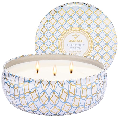 M&SENSE Coconut Beach Scented Candles 12 oz,3 Wick Soy Tin | Triple Wick, 40 Hour Long Burn, Non-Toxic,100% Natural Soy Wax, Stress Relaxing Aromatherapy Candle Gift for Women Men - color: Coconut Beach