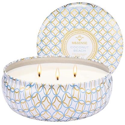 M&SENSE Coconut Beach Scented Candles 12 oz,3 Wick Soy Tin | Triple Wick, 40 Hour Long Burn, Non-Toxic,100% Natural Soy Wax, Stress Relaxing Aromatherapy Candle Gift for Women Men - color: Coconut Beach