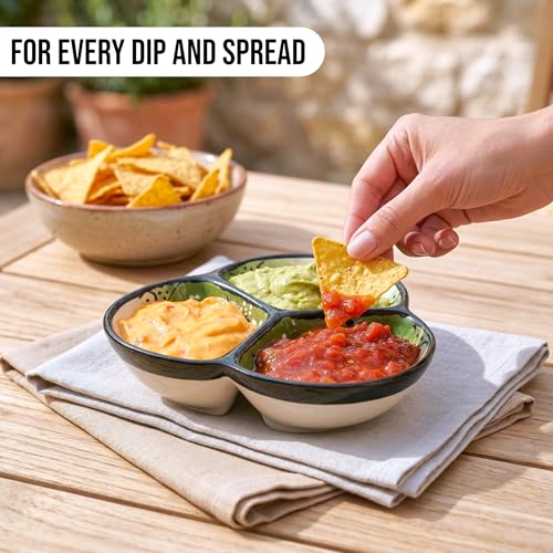 3-Compartment Ceramic Serving Dish, Handmade in Spain | 7.5” divided chip and dip bowl with lead-free glaze, microwave, oven and dishwasher safe, ideal for tapas, snacks and sauces - color: Onyx Green