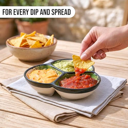 3-Compartment Ceramic Serving Dish, Handmade in Spain | 7.5” divided chip and dip bowl with lead-free glaze, microwave, oven and dishwasher safe, ideal for tapas, snacks and sauces - color: Onyx Green