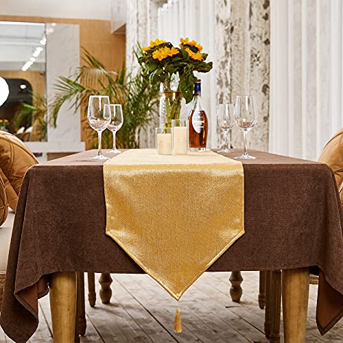 Faux Linen Sparkly Spring Gold Table Runner with Tassels 14x51 Inch Dresser Scarf Graduation Table Runner for Home Bedroom Party Birthday Wedding Bridal Baby Shower - color: Brilliant Faux Linen With Tassels- Gold, size: 51"x14"-1Pc