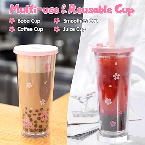 Reusable Plastic Boba Cup With Lids And Straws, 24Oz/700ml Smoothie Cups, Iced Coffee Cup, Leakproof Kawaii Cup, Boba Tumbler With Boba Reusable Straw,Double Wall Clear Bubble Tea Cup - color: Pink