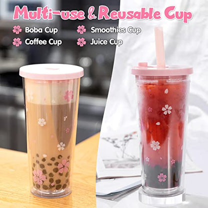 Reusable Plastic Boba Cup With Lids And Straws, 24Oz/700ml Smoothie Cups, Iced Coffee Cup, Leakproof Kawaii Cup, Boba Tumbler With Boba Reusable Straw,Double Wall Clear Bubble Tea Cup - color: Pink